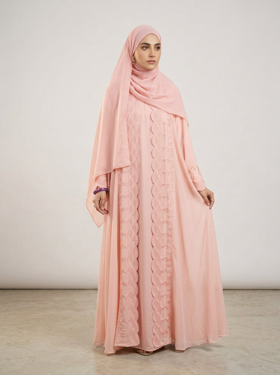 Full-Flare Double Circular Korean Shafoon Abaya with Matching Hijab & Niqab – 3-Piece Essential Set  1107E