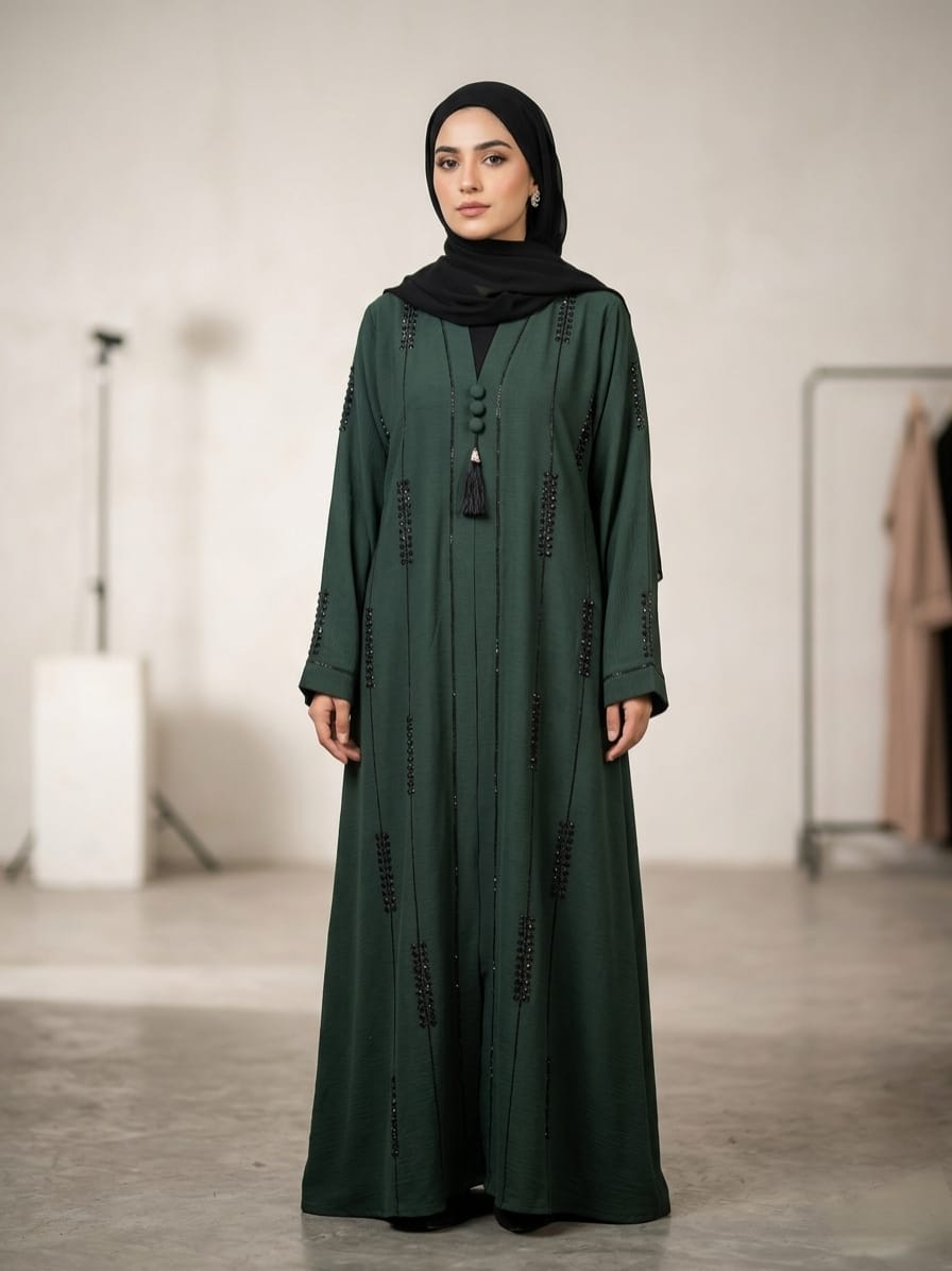 Emerald Elegance: Premium Zoom Nida Abaya with Black Satolar Detailing 1120A