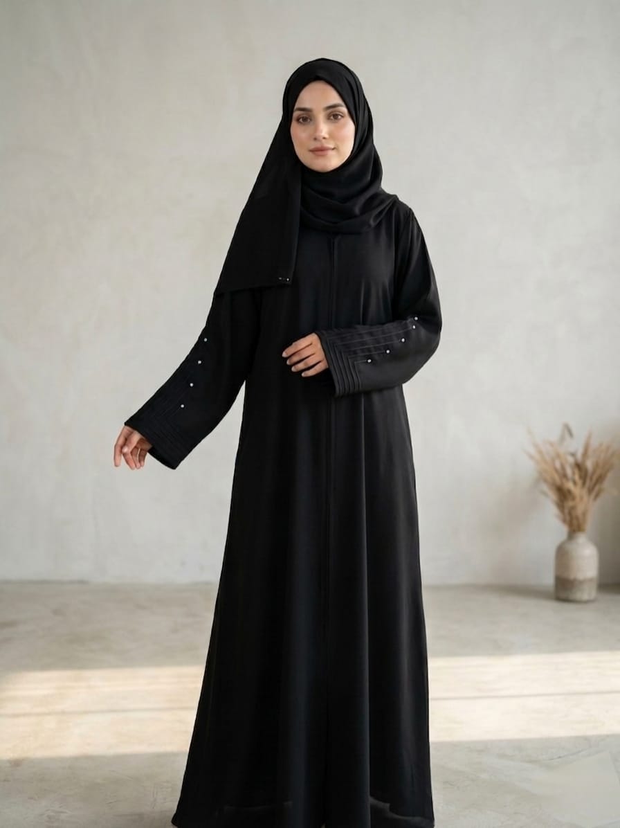 Premium Korean Nida Abaya with Minimalist Pleated Sleeve Detailing 1129A