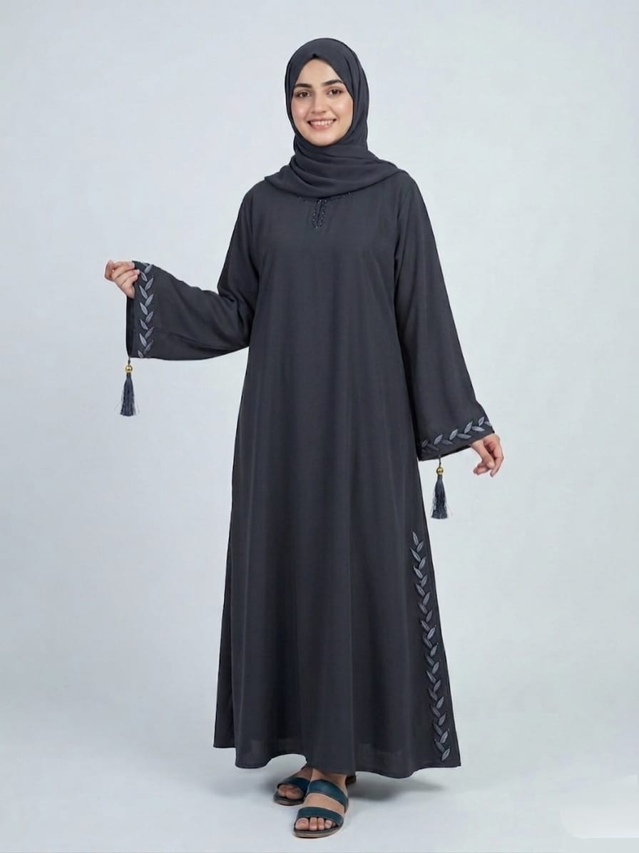 Elegant Embroidered Nida Abaya with Delicate Tassel & Stone Detailing 1125A