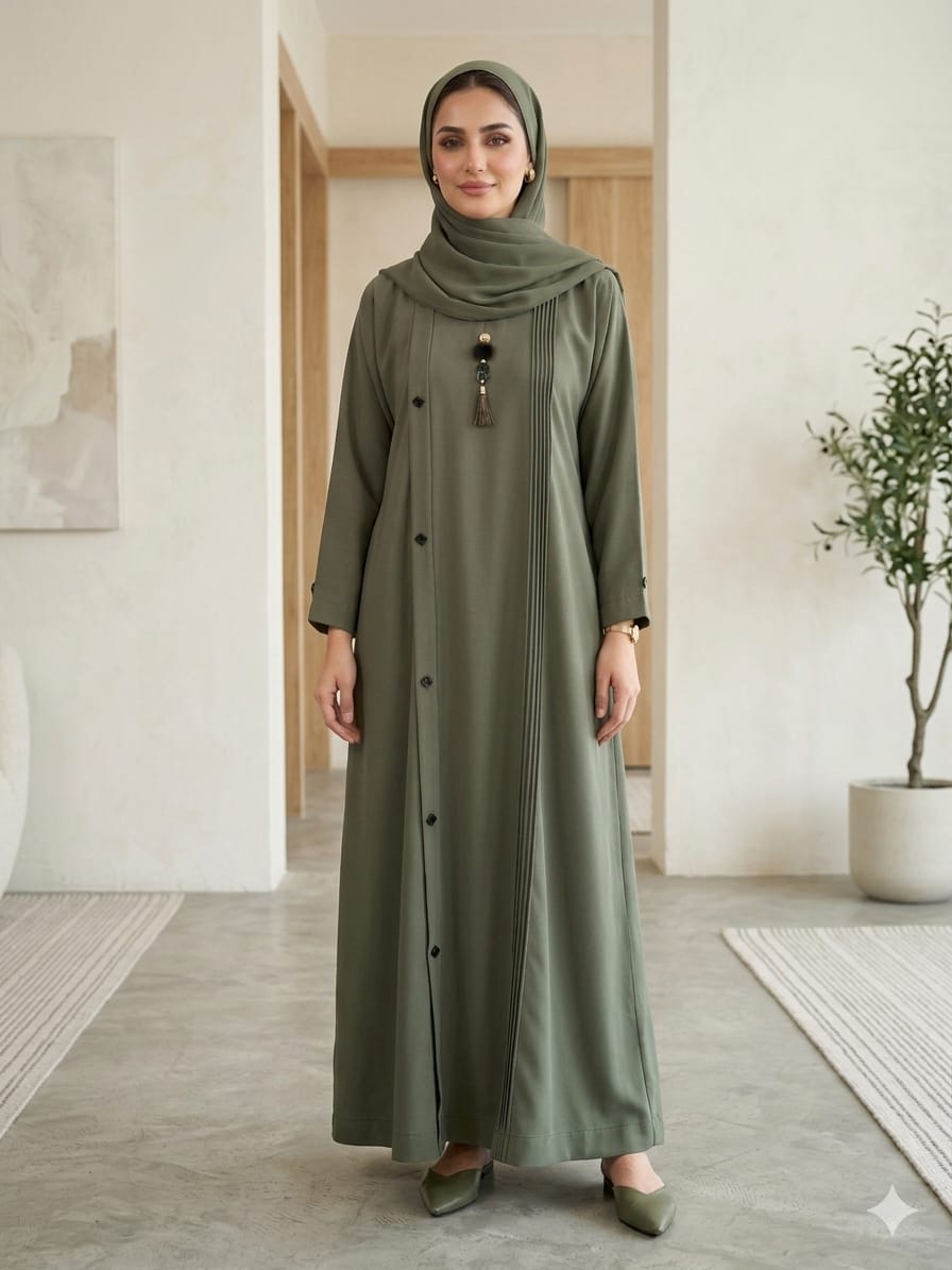 Elegant Front-Pleated Button-Down Abaya in Turkish Nida Fabric 1134E