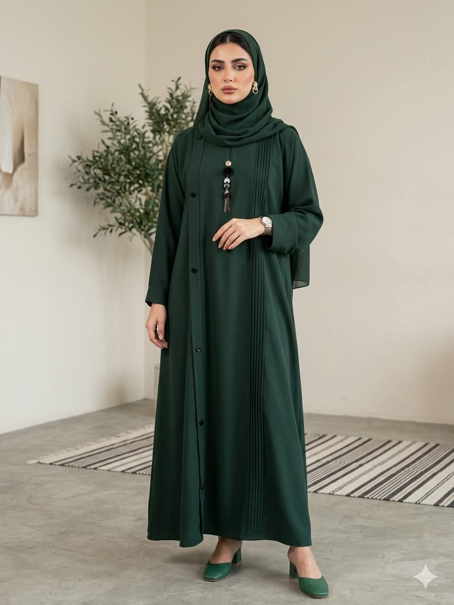 Elegant Front-Pleated Button-Down Abaya in Turkish Nida Fabric 1134E