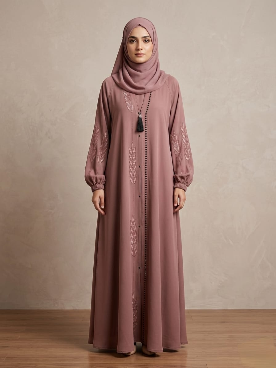 Premium Royal Nida Open Button Front Abaya with Exquisite Embroidery & Stone Work 1137E