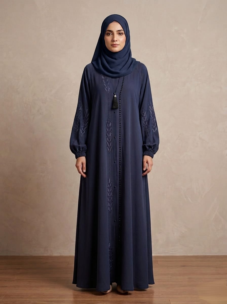 Premium Royal Nida Open Button Front Abaya with Exquisite Embroidery & Stone Work 1137E