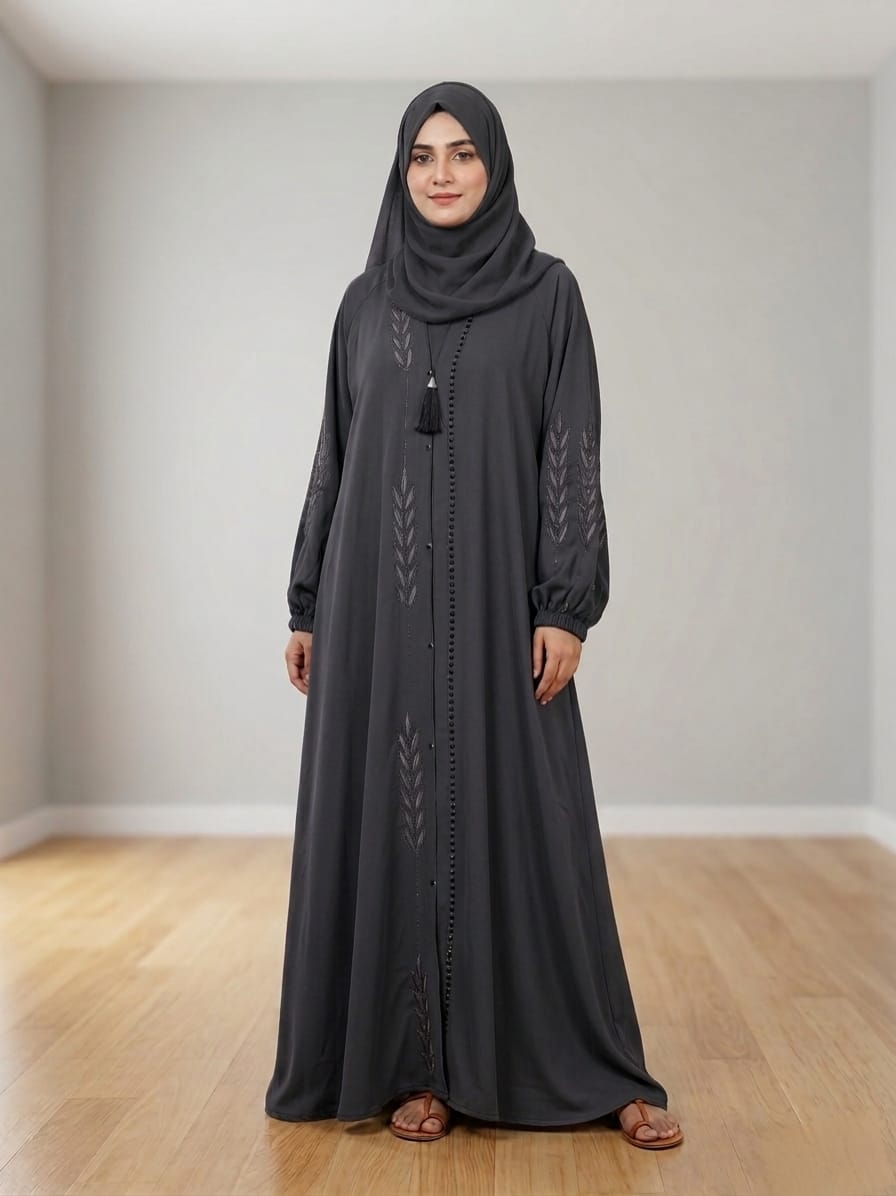 Premium Royal Nida Open Button Front Abaya with Exquisite Embroidery & Stone Work 1137E