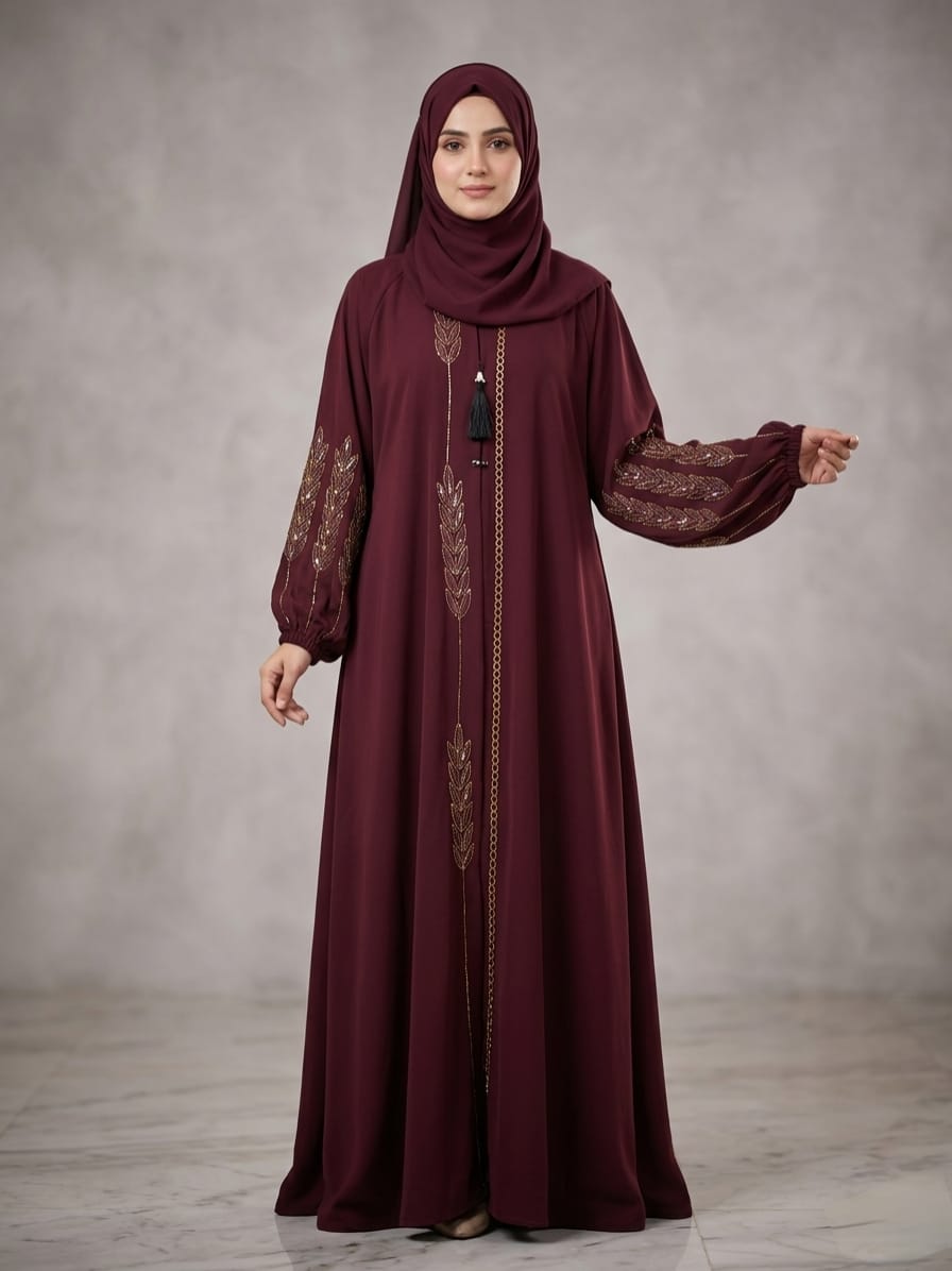 Premium Royal Nida Open Button Front Abaya with Exquisite Embroidery & Stone Work 1137E