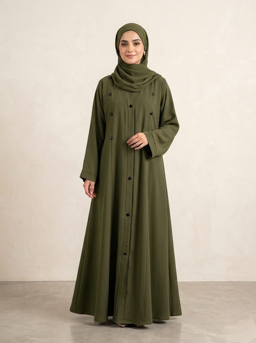 Premium Royal Nida Button-Down Abaya with Matching Scarf 1138D