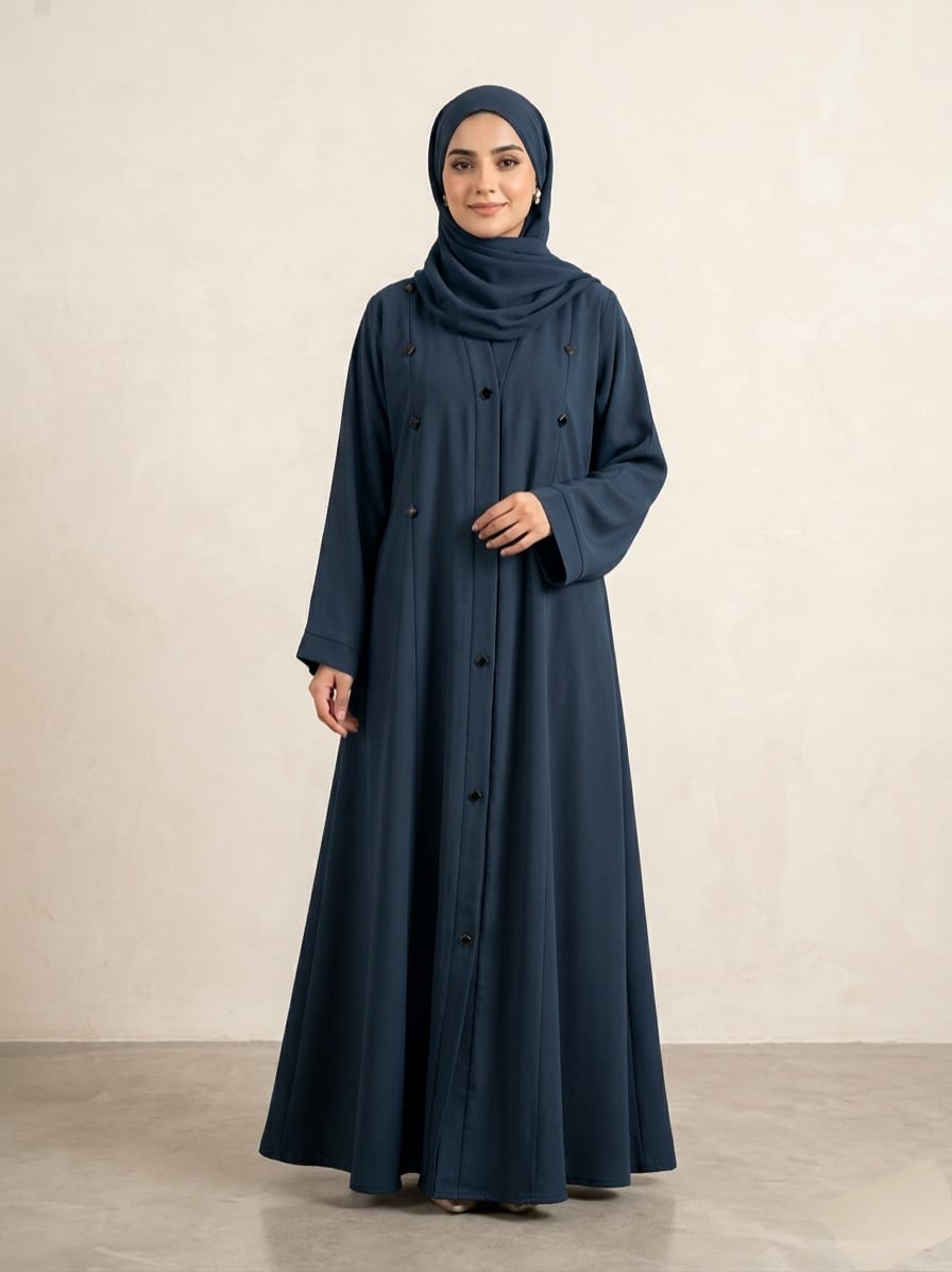 Premium Royal Nida Button-Down Abaya with Matching Scarf 1138D