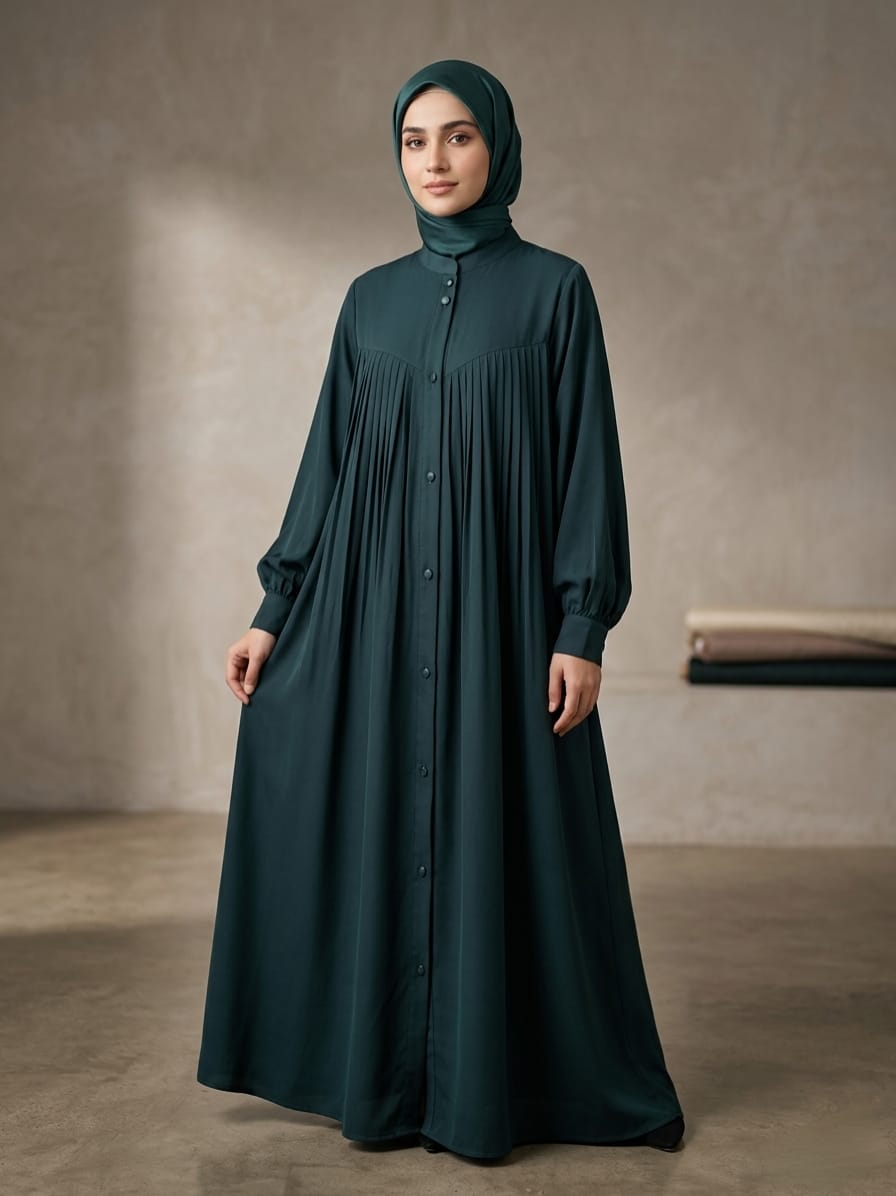 Premium Malaysian Nida Front Pleated Abaya with Cuffed Sleeves & Ban Neck 1141G