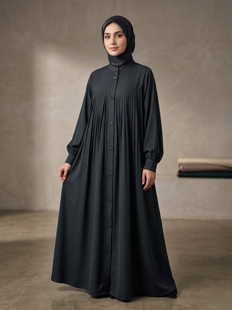 Premium Malaysian Nida Front Pleated Abaya with Cuffed Sleeves & Ban Neck 1141G