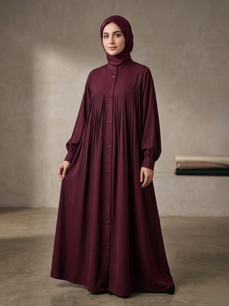 Premium Malaysian Nida Front Pleated Abaya with Cuffed Sleeves & Ban Neck 1141G