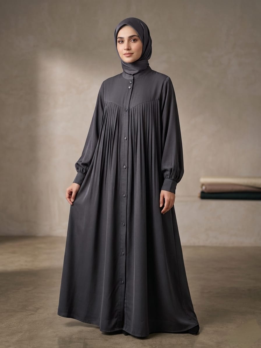 Premium Malaysian Nida Front Pleated Abaya with Cuffed Sleeves & Ban Neck 1141G