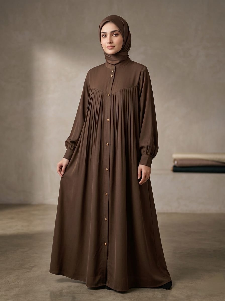 Premium Malaysian Nida Front Pleated Abaya with Cuffed Sleeves & Ban Neck 1141G