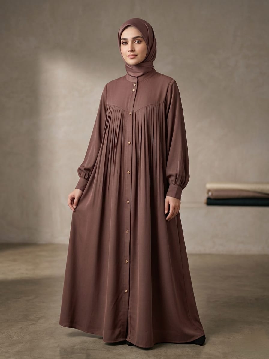Premium Malaysian Nida Front Pleated Abaya with Cuffed Sleeves & Ban Neck 1141G