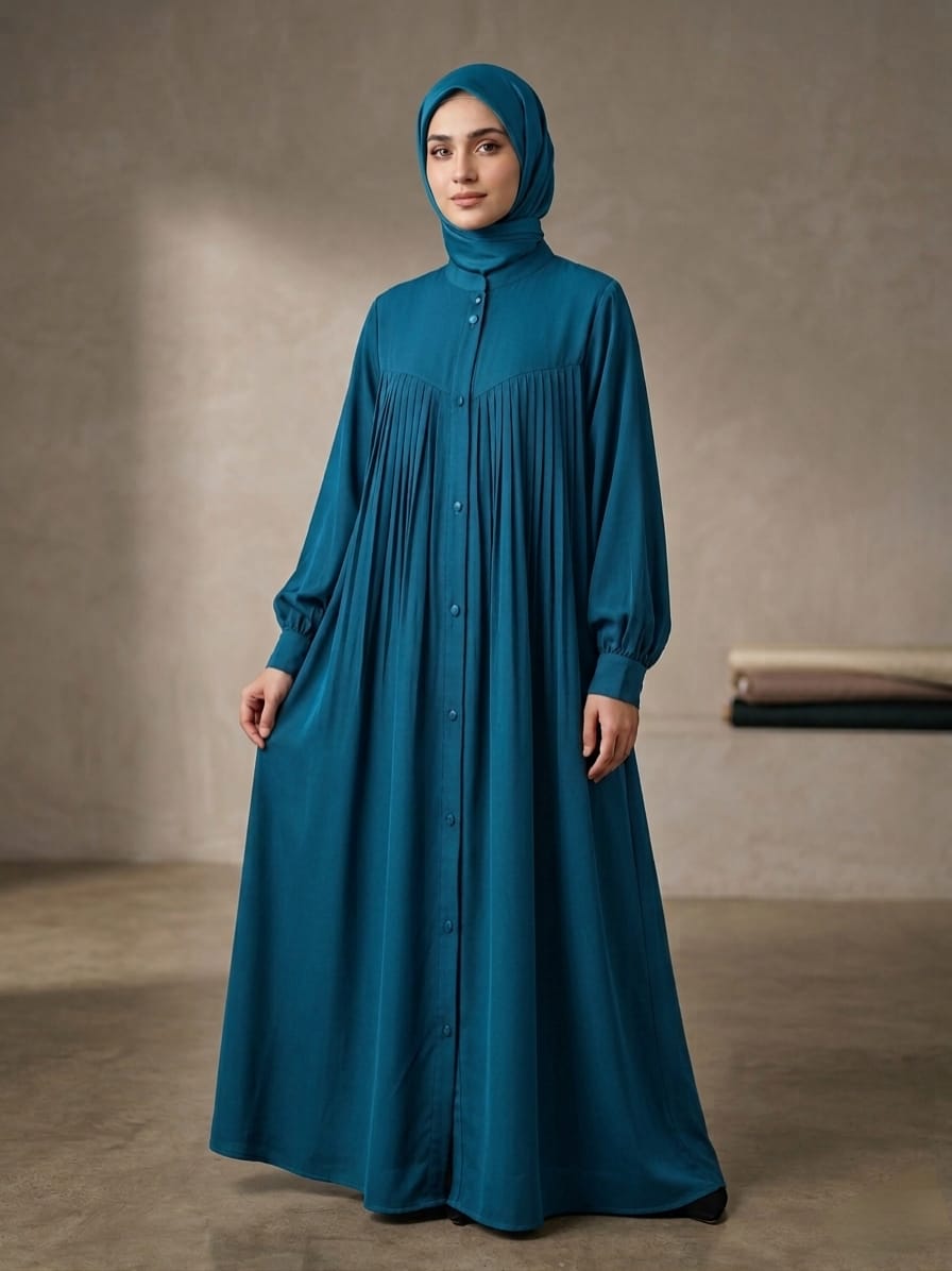 Premium Malaysian Nida Front Pleated Abaya with Cuffed Sleeves & Ban Neck 1141G