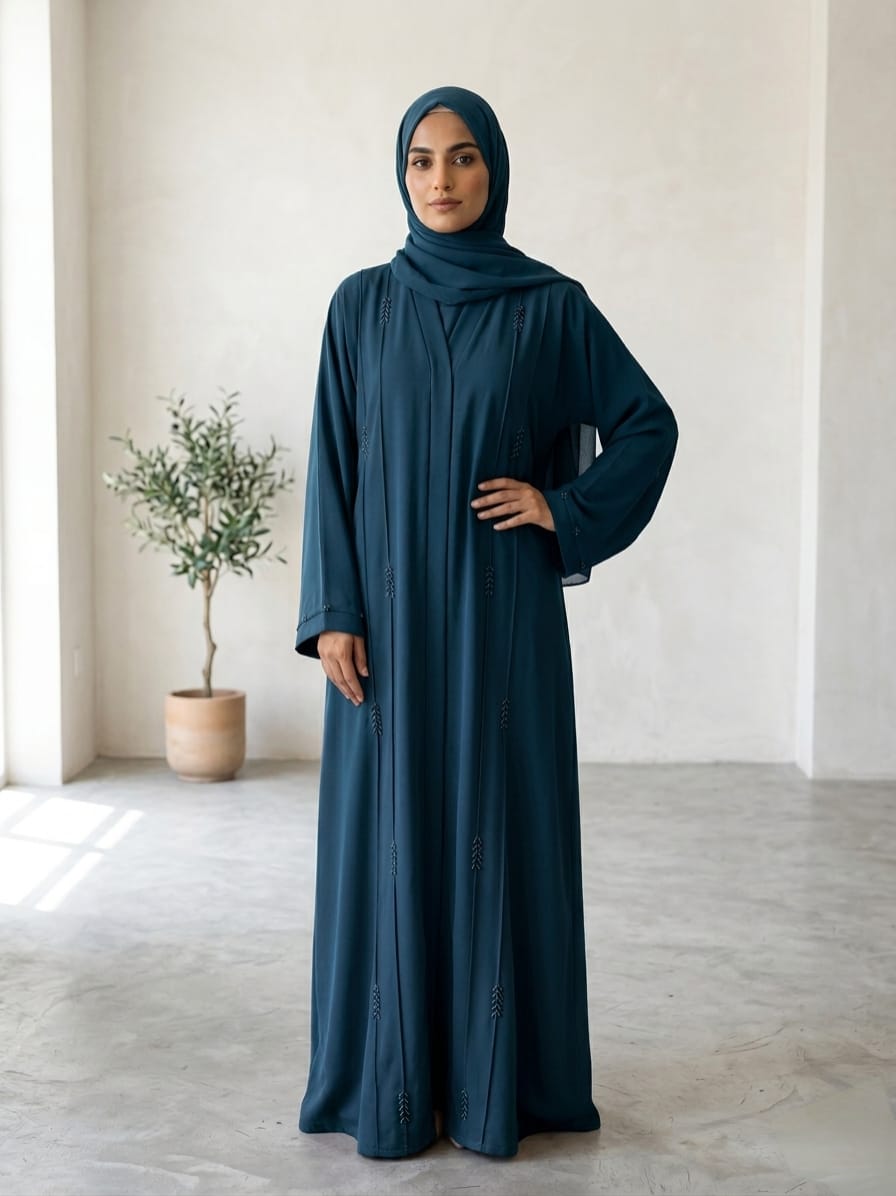 Premium Korean Nida Abaya with Elegant Handmade Stone Work & Matching Stoler – Luxury Modest Wear 1118A