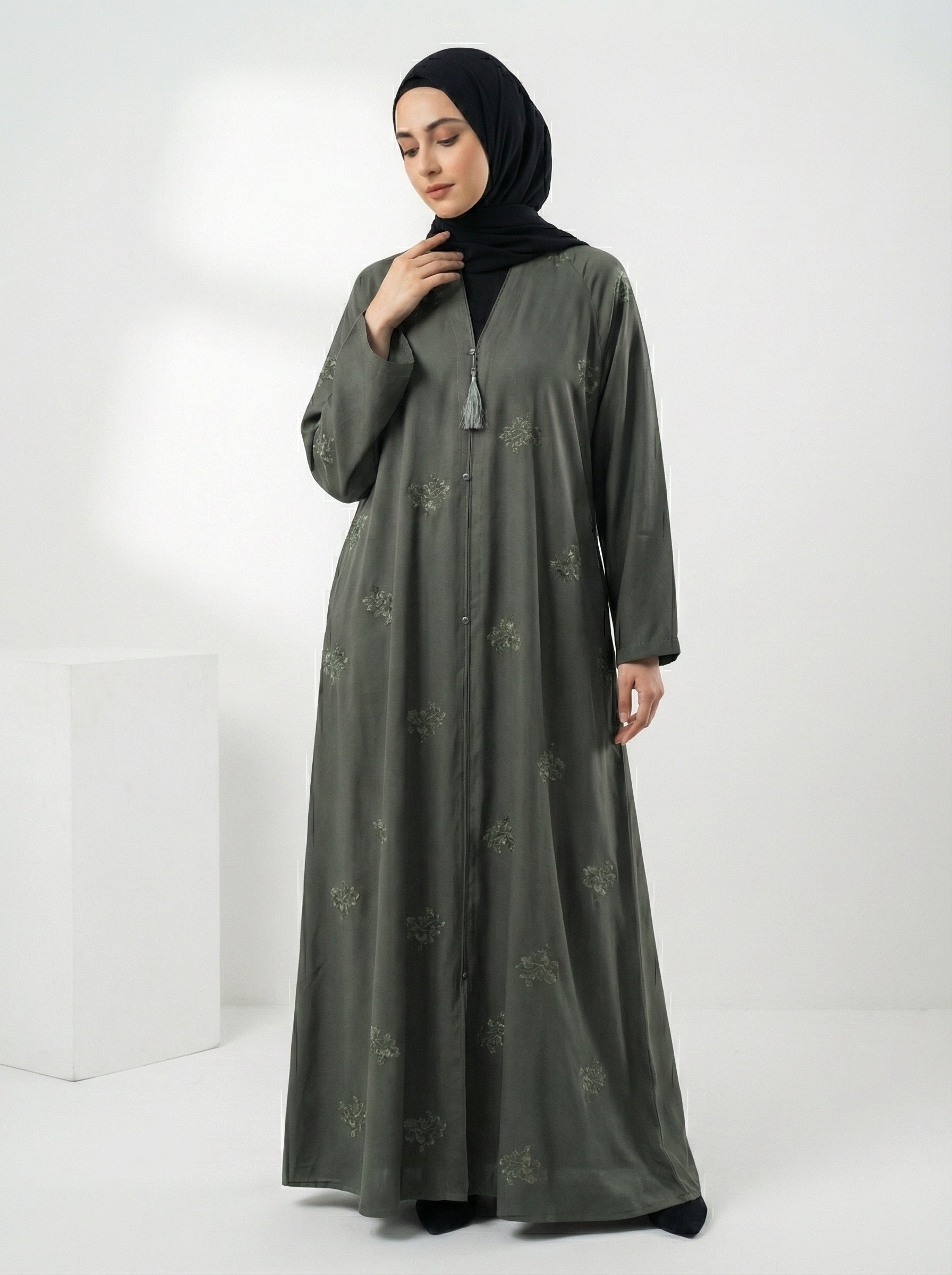 Embroidered Front-Open Abaya with karhayi – Premium korean Nida with same scarf 1105H