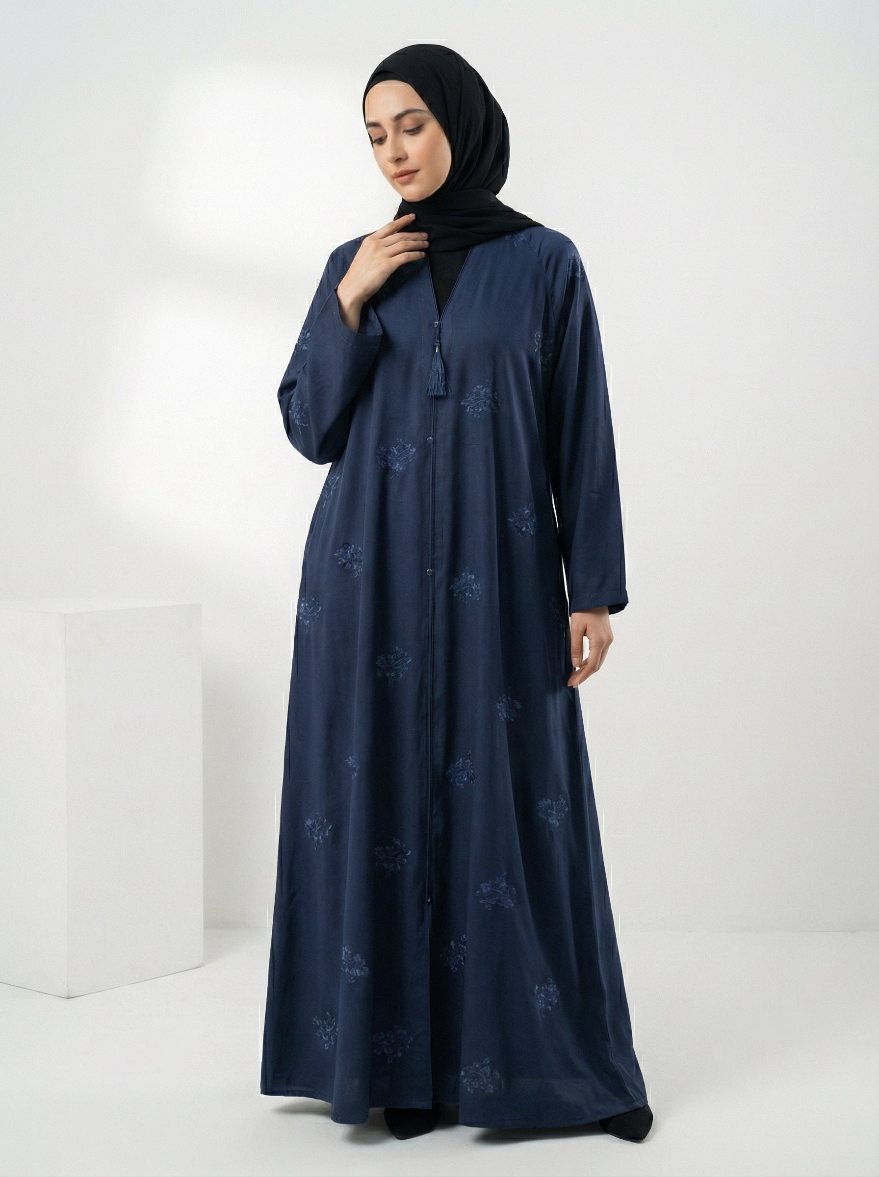 Embroidered Front-Open Abaya with karhayi – Premium korean Nida with same scarf 1105H