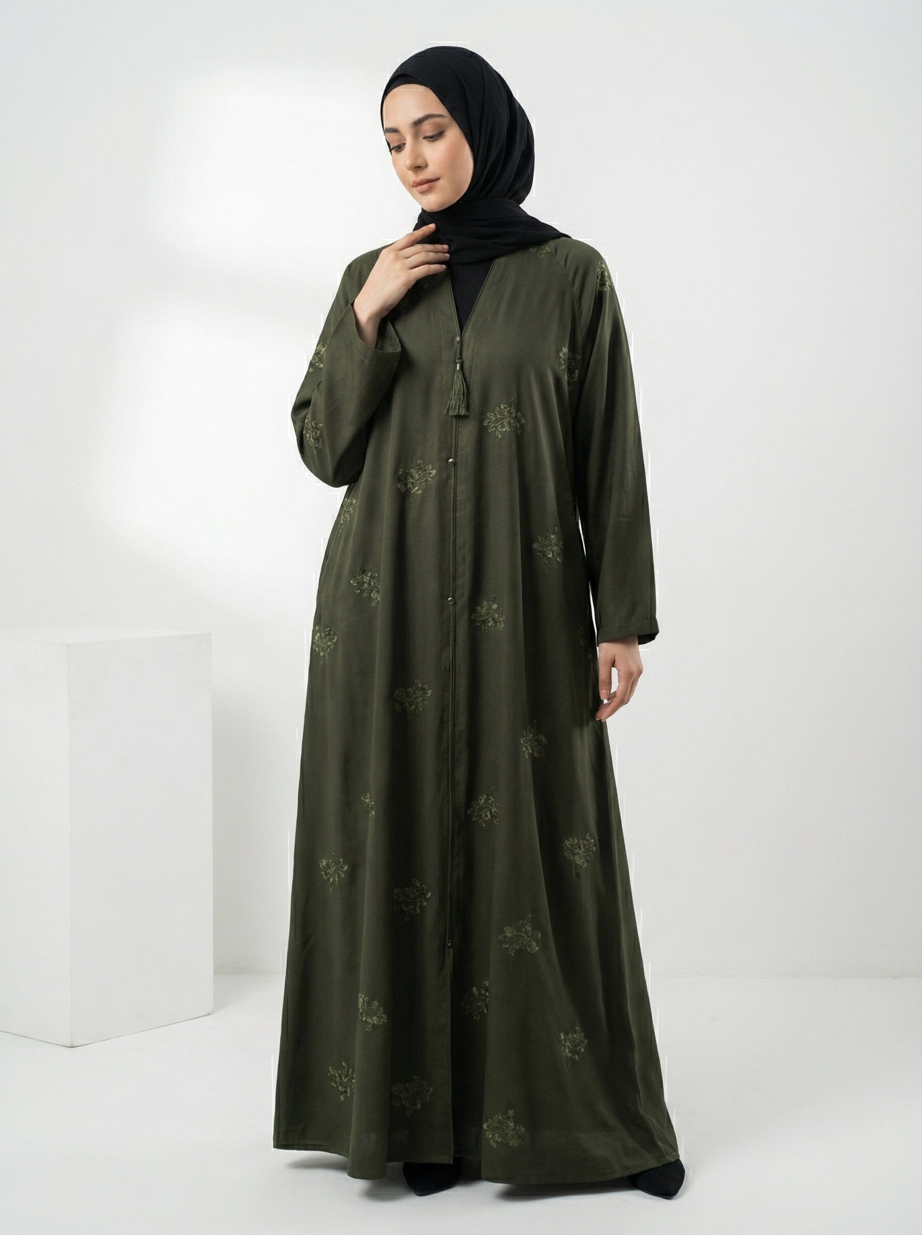 Embroidered Front-Open Abaya with karhayi – Premium korean Nida with same scarf 1105H