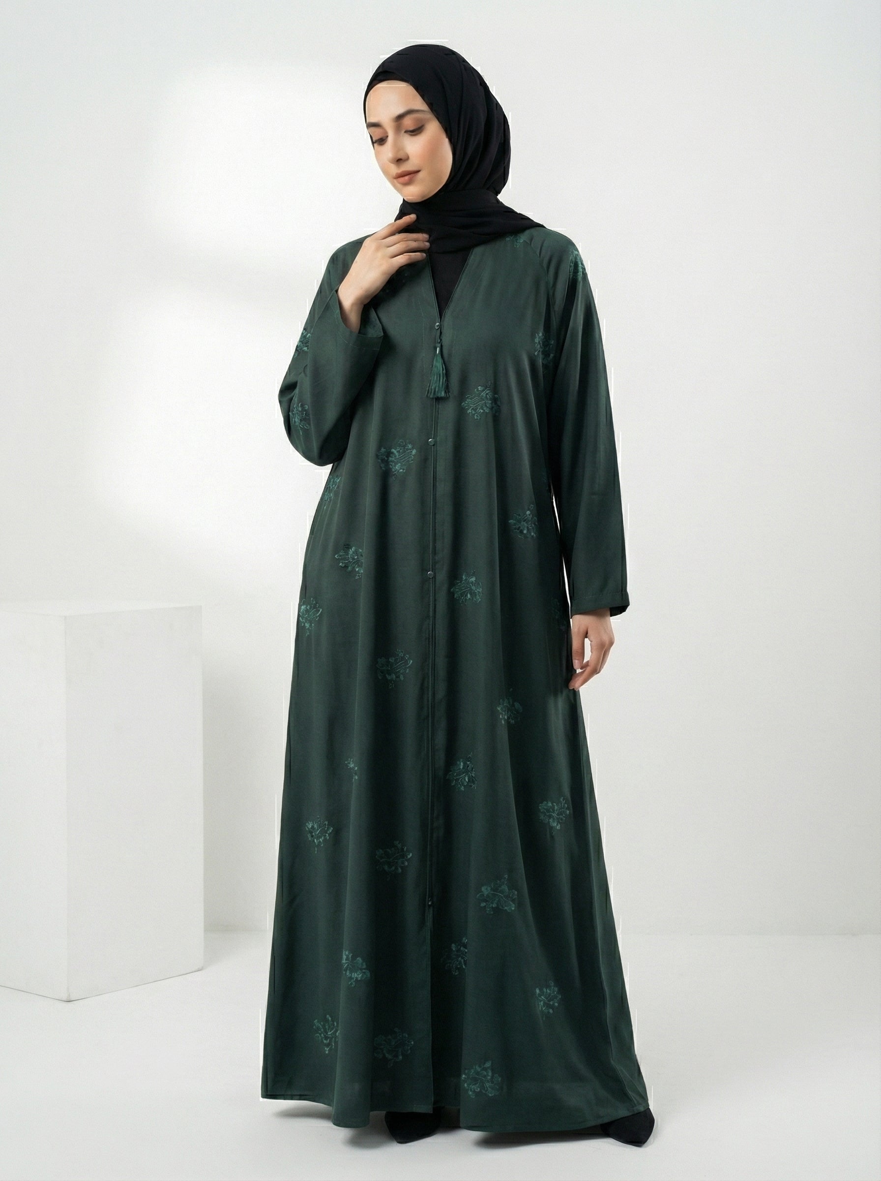 Embroidered Front-Open Abaya with karhayi – Premium korean Nida with same scarf 1105H