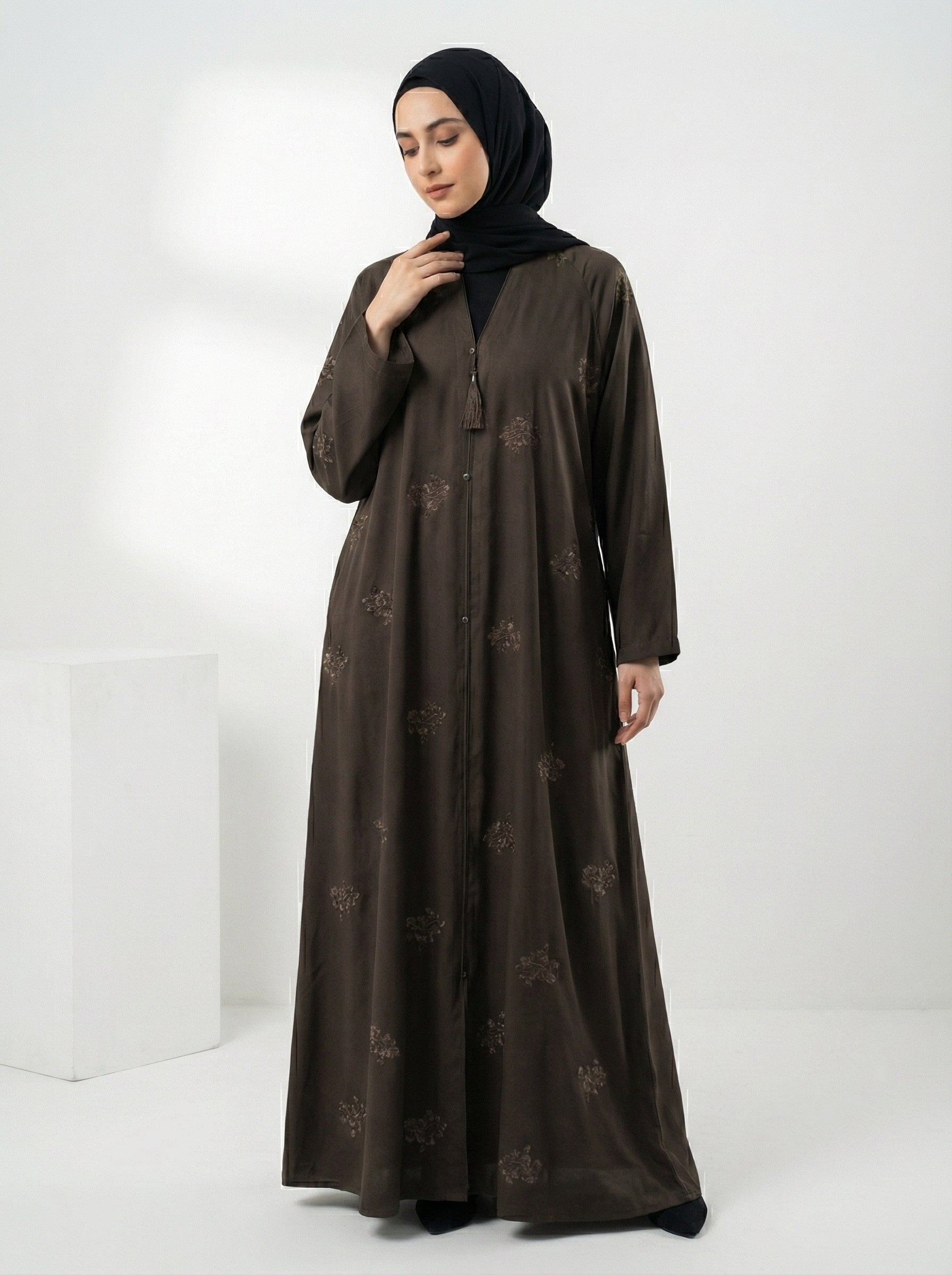 Embroidered Front-Open Abaya with karhayi – Premium korean Nida with same scarf 1105H