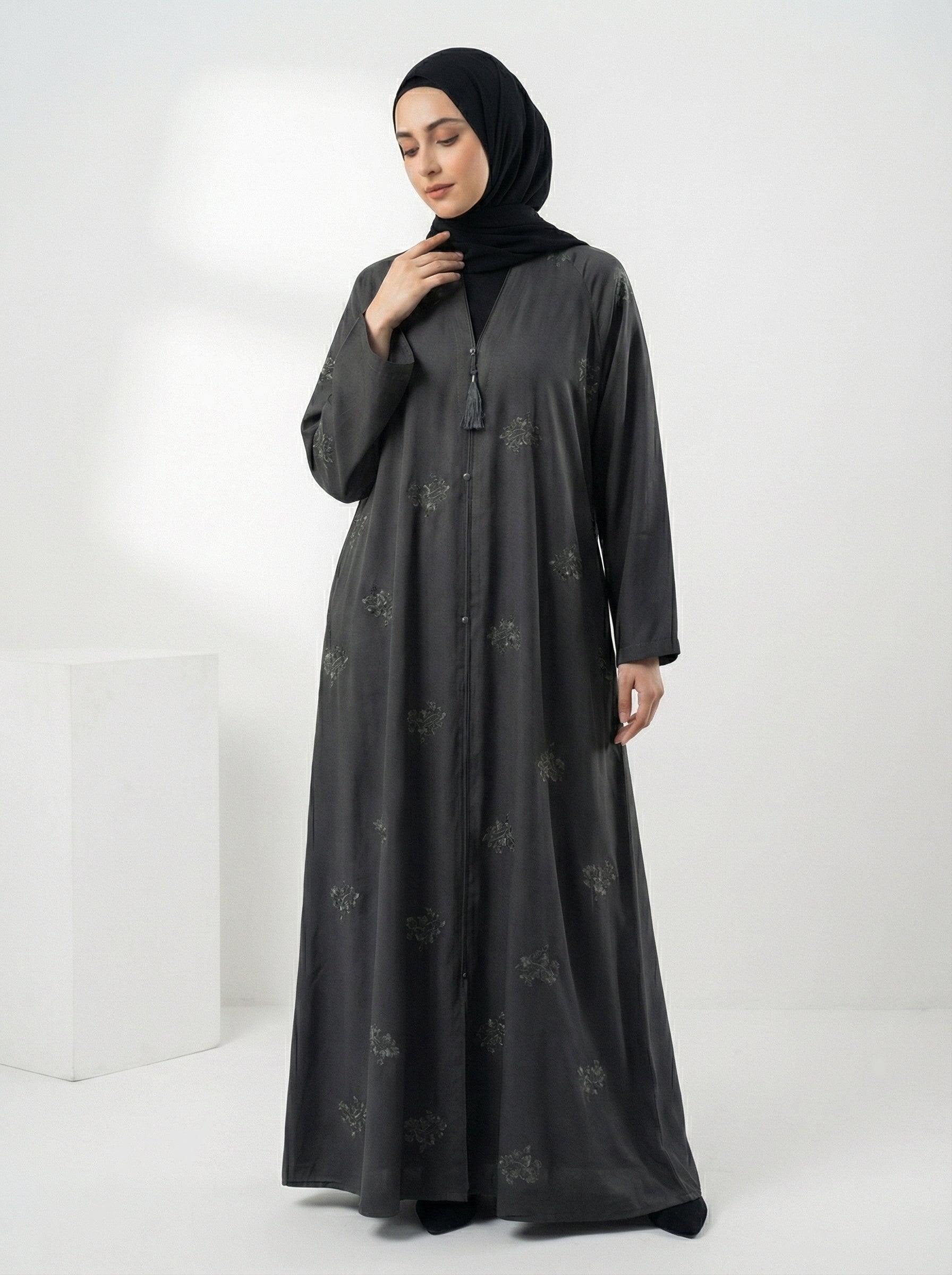 Embroidered Front-Open Abaya with karhayi – Premium korean Nida with same scarf 1105H