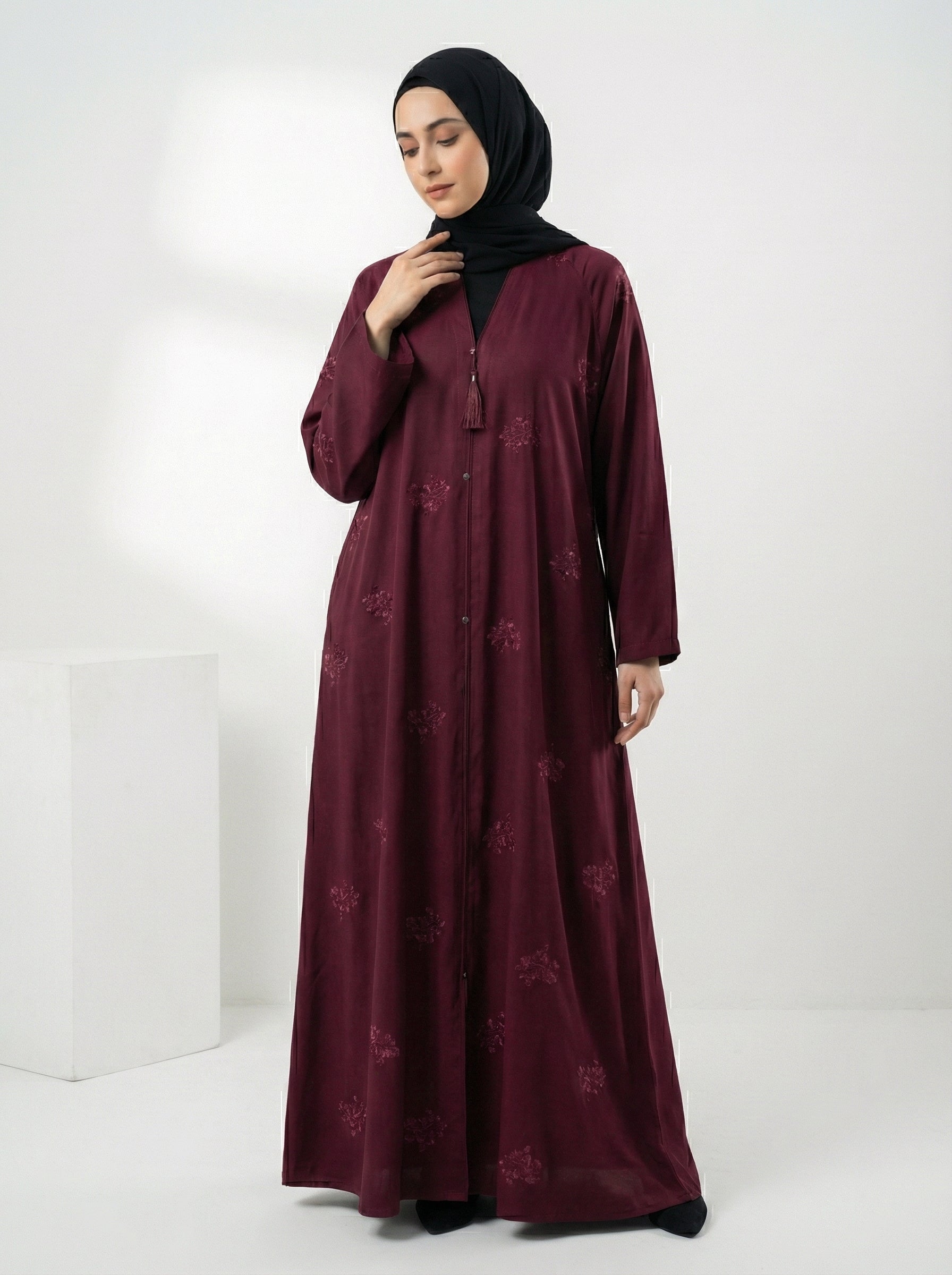 Embroidered Front-Open Abaya with karhayi – Premium korean Nida with same scarf 1105H