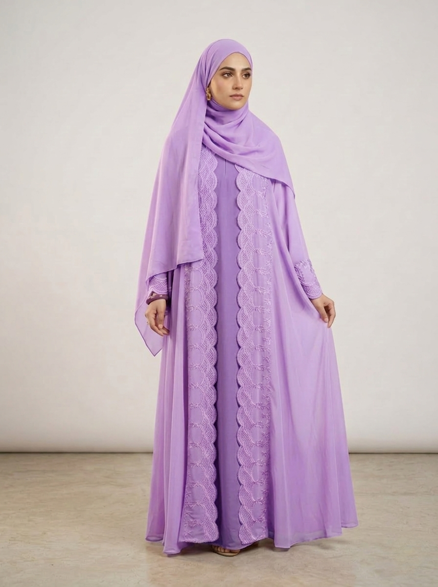 Full-Flare Double Circular Korean Shafoon Abaya with Matching Hijab & Niqab – 3-Piece Essential Set  1107E