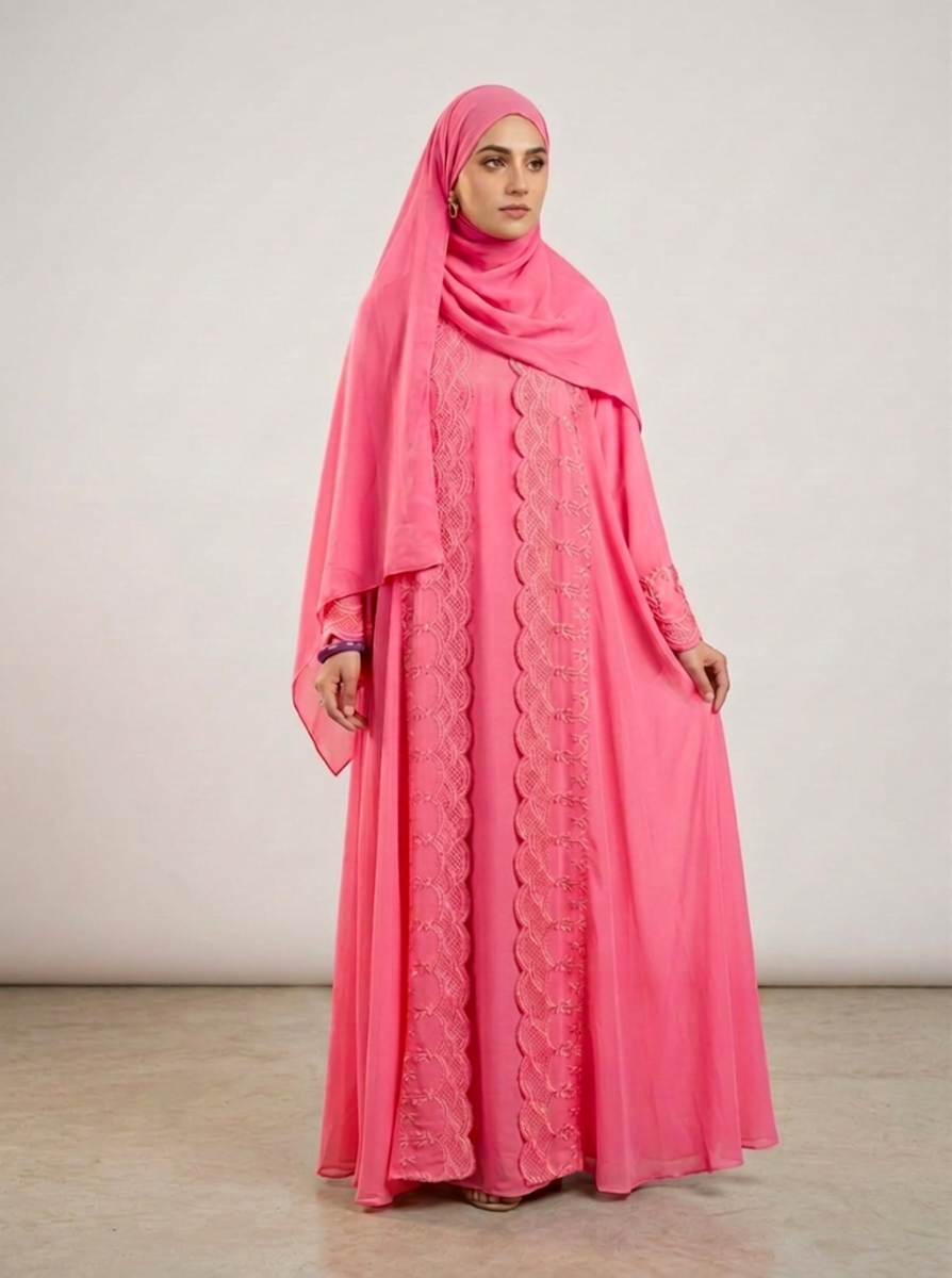 Full-Flare Double Circular Korean Shafoon Abaya with Matching Hijab & Niqab – 3-Piece Essential Set  1107E